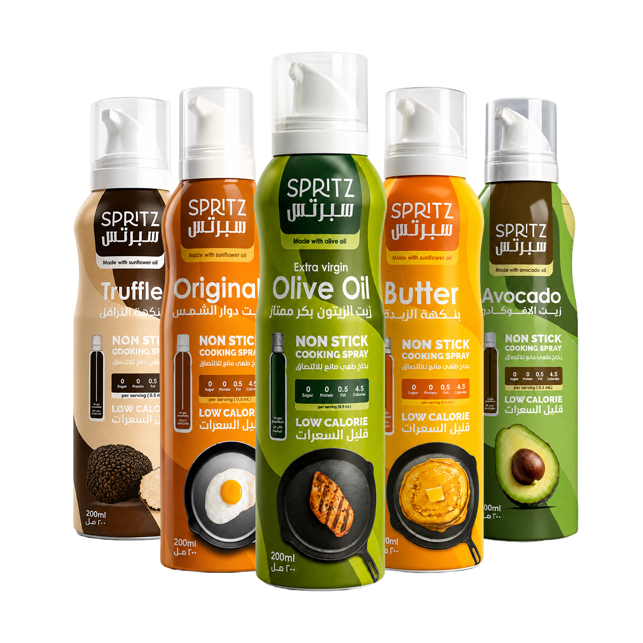 The Spritz range — Original, Butter, Olive Oil, Truffle and Avocado cooking sprays